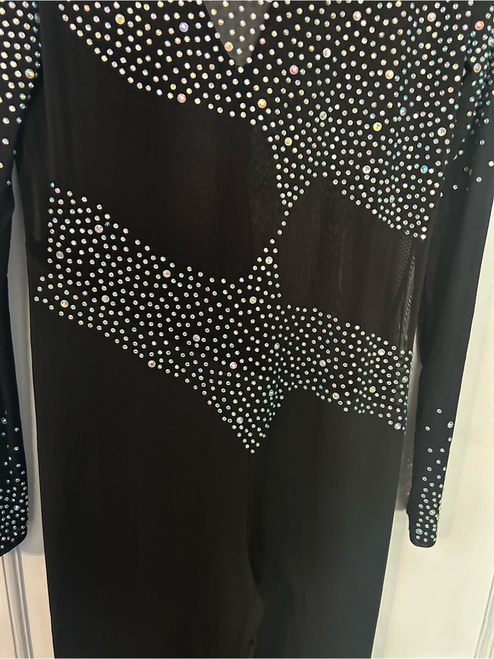 Black Rhinestone-Embellished Long-Sleeve Jumpsuit